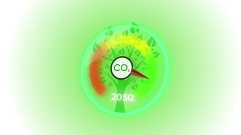 3D digital dashboard of CO2 level gauge percentage. Decrease the level of CO2 by Stock Illustration