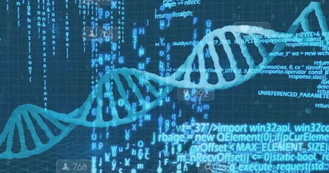 3D digital double helix DNA twisting diagonally, showing floating code streams Stock Footage 309092932