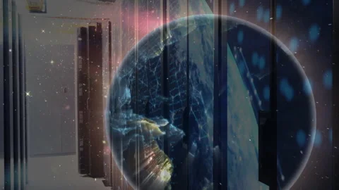 3D digital globe emerging from server racks rotating revealing continents Stock Footage 310141552