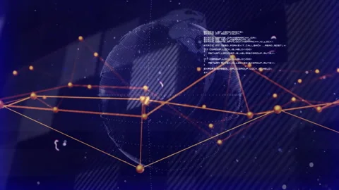 3D digital globe fading in starting rotating web with pulsing nodes and code Stock Footage 312657028