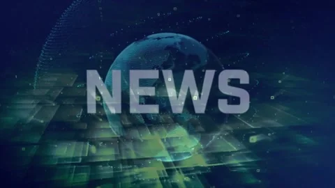 3D digital globe rotating beneath NEWS text overlay, streaming floating panels Stock Footage 327965639