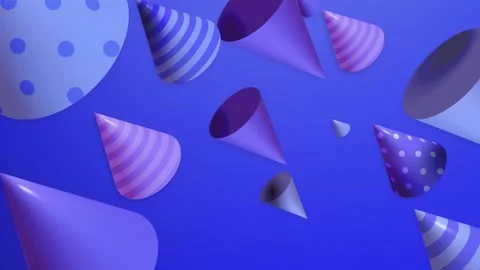 3D digital graphic floating party hats and circular confetti elements in sha Stock Footage 330452469