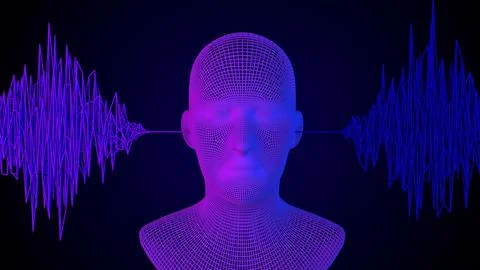 3d digital human face in abstract sound data wave flow. Futuristic had on blue 스톡 일러스트