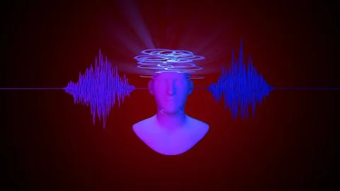 3d digital human face in abstract sound data wave flow. Futuristic had on red Stock Illustration