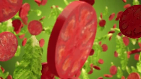 3D Digital Illustration Floating Stylized Red Tomato Slices and Green Lettuce Stock Footage 330425162
