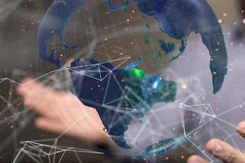 3d digital illustration of a global network floating over a hand- the concept of Stock Photos