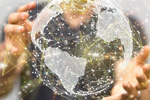 3d digital illustration of a global network floating between hands- the concept Stock Photos