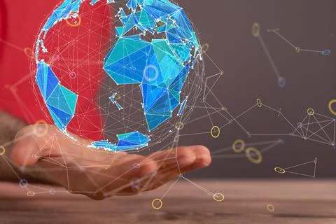 3d digital illustration of a global network floating over a hand- the concept of Stock Photos