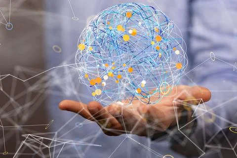 3d digital illustration of a global network floating over a hand- the concept of Stock Photos