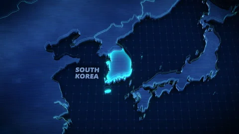 3D Digital Map Highlighting South Korea With Neon Blue Glow Stock Footage 336568135