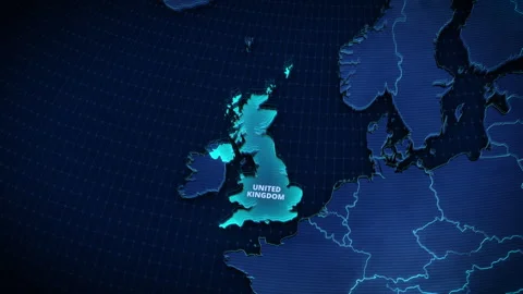 3D Digital Map Highlighting UK - Broadcast News Widescreen Background Stock Footage 340168769