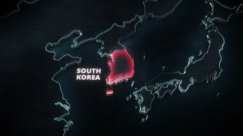 3D Digital Map South Korea Glowing Red Alert Highlight For News Stock Footage 336568337