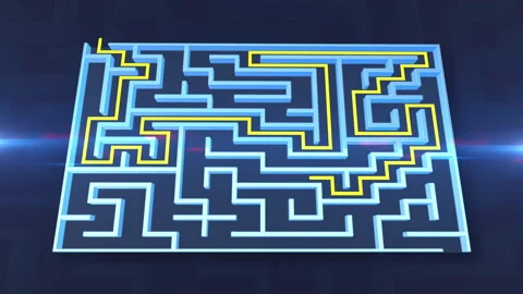 3D Digital Maze Solving Animation with Glowing Yellow Path Stock Footage 347823739