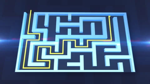 3D Digital Maze Solving Animation with Glowing Yellow Path Stock-Footage 347823767