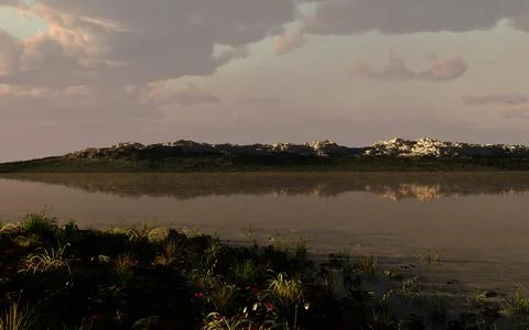 3d digital rendering  illustration of a park with a lake in the evening Ilustração Stock