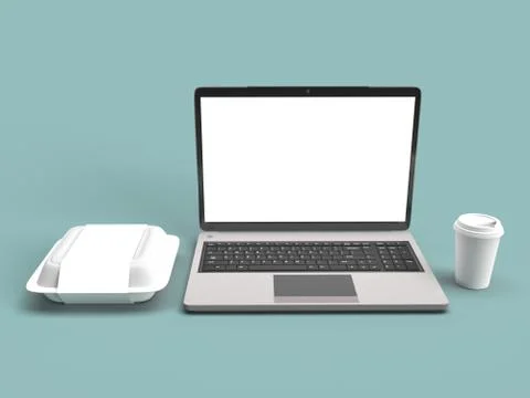 3d digital rendering of a laptop, a take out lunch box and a coffee cup with Stock-Illustration
