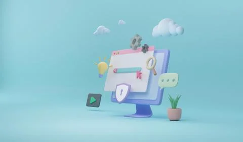 3D digital Screen, Search concept, Idea icons, Video player, Chat and Securit Illustrazione stock