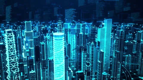 3D Digital Smart City Wireframe Orbit with Glowing Blue Data Vídeo Stock 346033267