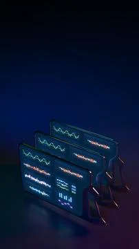 3D digital tablets with glowing blue futuristic interface in vertical view Illustrazione stock