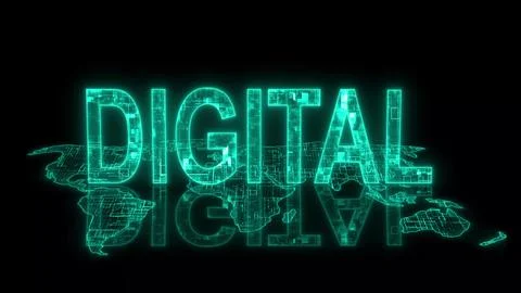 3d digital text technology earth map glowing cyan Stock Illustration