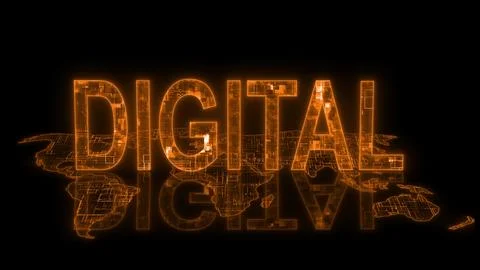 3d digital text technology earth map glowing orange Stock Illustration