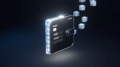 3D Digital Wallet App on Smartphone with Glowing Blockchain Cubes and Credit Vídeos de archivo 333699614