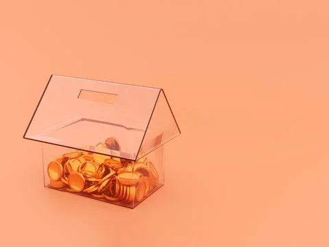 3d dimensional render transparent house and shaped coins Stock Illustration