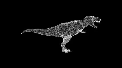 3D dinosaur t-rex on black bg. Object dissolved white flickering particles. B Ilustração Stock