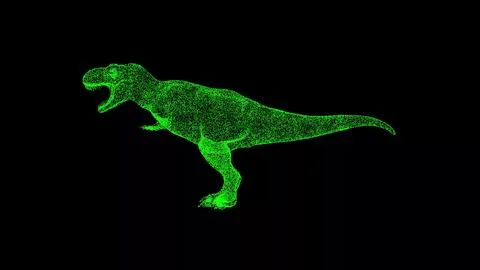3D dinosaur t-rex on black bg. Object dissolved green flickering particles. B Illustrazione stock