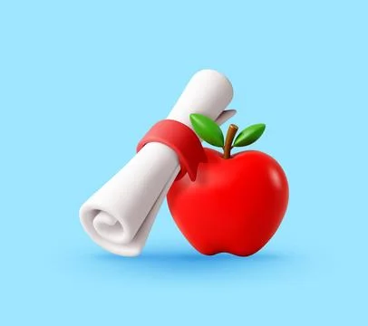 3D diploma scroll next to a fresh apple Stock Illustration
