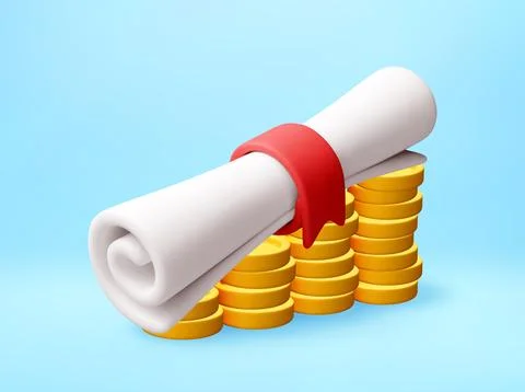 3d diploma scroll resting on gold coin stack Illustrazione stock