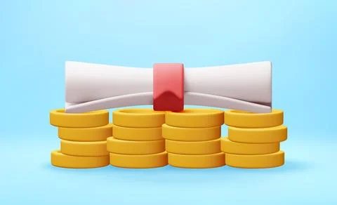 3D Diploma scroll resting on stack of golden coins Illustrazione stock