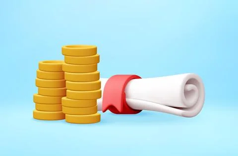 3D Diploma scroll with ribbon and golden coins 库存插图