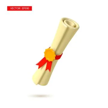 3d diploma scroll with stamp and red ribbon. Stock Illustration