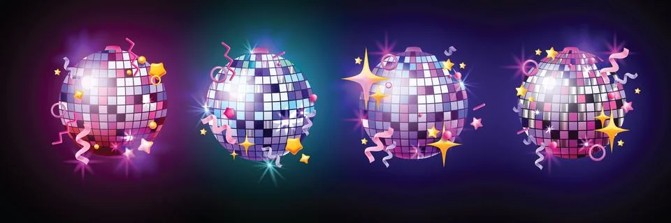 3D disco ball vector icon set, night club holiday decoration, New Year Stock Illustration