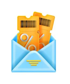 3D discount coupon illustration, vector open envelope sale event ticket Stock Illustration