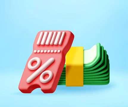 3d discount coupon with stack of green cash Stock Illustration