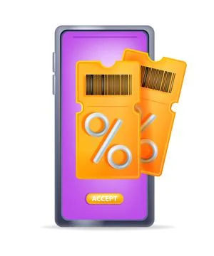 3D discount coupon vector illustration, sale ticket voucher smartphone screen Stock Illustration