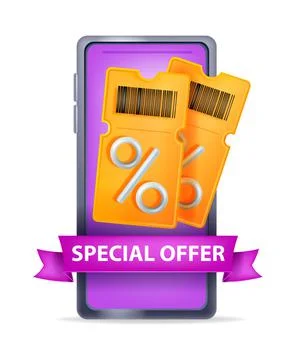 3D discount coupon vector illustration, voucher gift ticket smartphone screen Stock Illustration