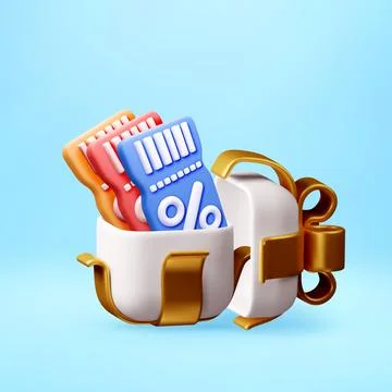 3D Discount coupons inside open white gift box Stock Illustration