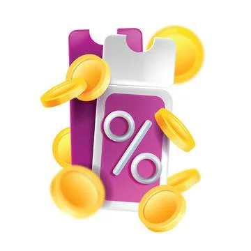 3D discount voucher, vector bonus coupon icon golden coin lucky cinema ticket Stock Illustration