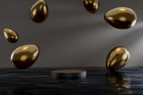 3D display podium dark stylish background, Easter golden shining eggs float in Stock Illustration