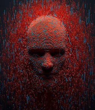3D dissolving human head made with cube particles. Deep learning, Stock Illustration