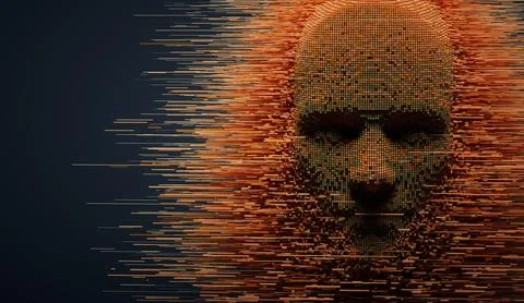 3D dissolving human head made with cube particles. Deep learning, Stock Illustration