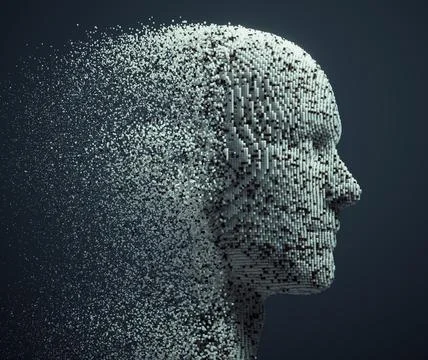3D dissolving human head made with cube particles. 스톡 일러스트