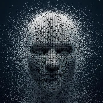 3D dissolving human head made with cube particles. Stock Illustration