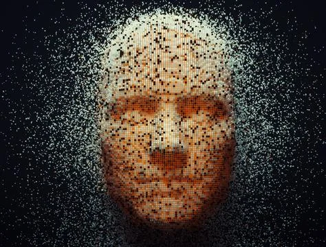 3D dissolving human head made with cube particles. Illustrazione stock