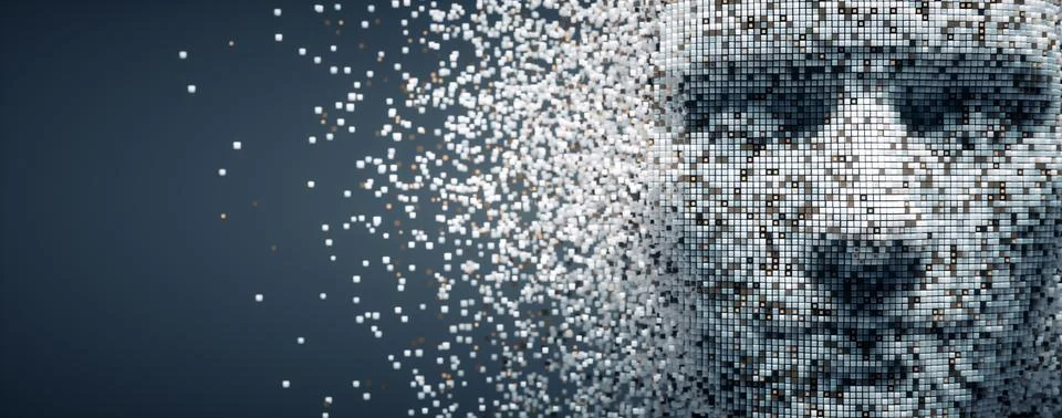 3D dissolving human head made with cube particles. Stock Illustration