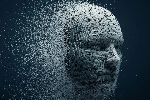 3D dissolving human head made with cube particles. Illustrazione stock