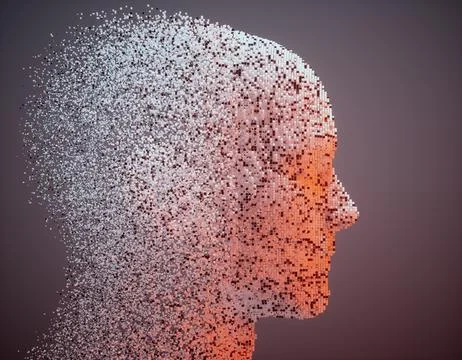 3D dissolving human head made with cube particles. 스톡 일러스트